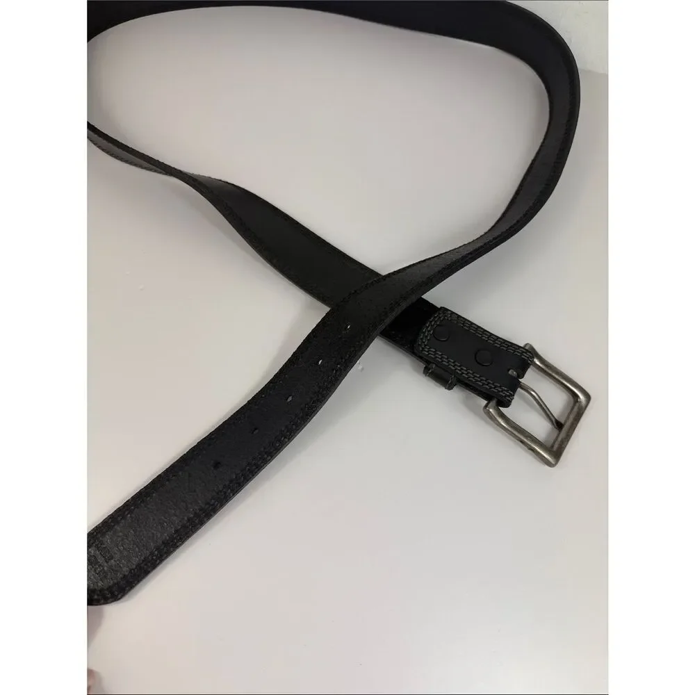 Black Genuine Leather Belt Gray Stitching Silver Buckle Size 46